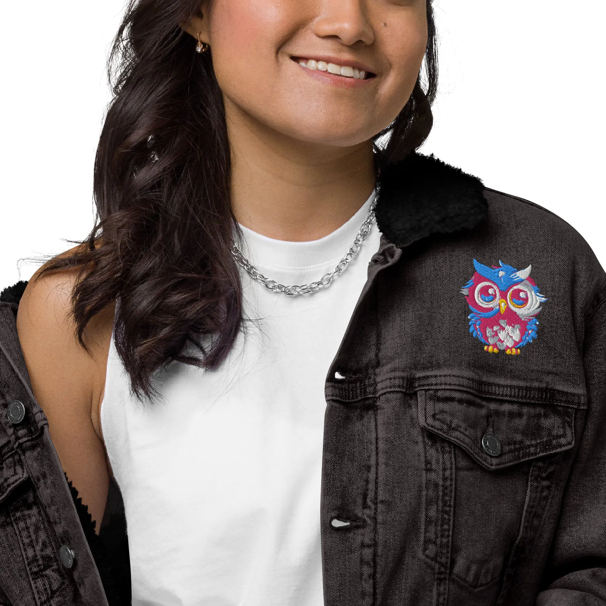 Embroidered Owl Sherpa Denim Jacket