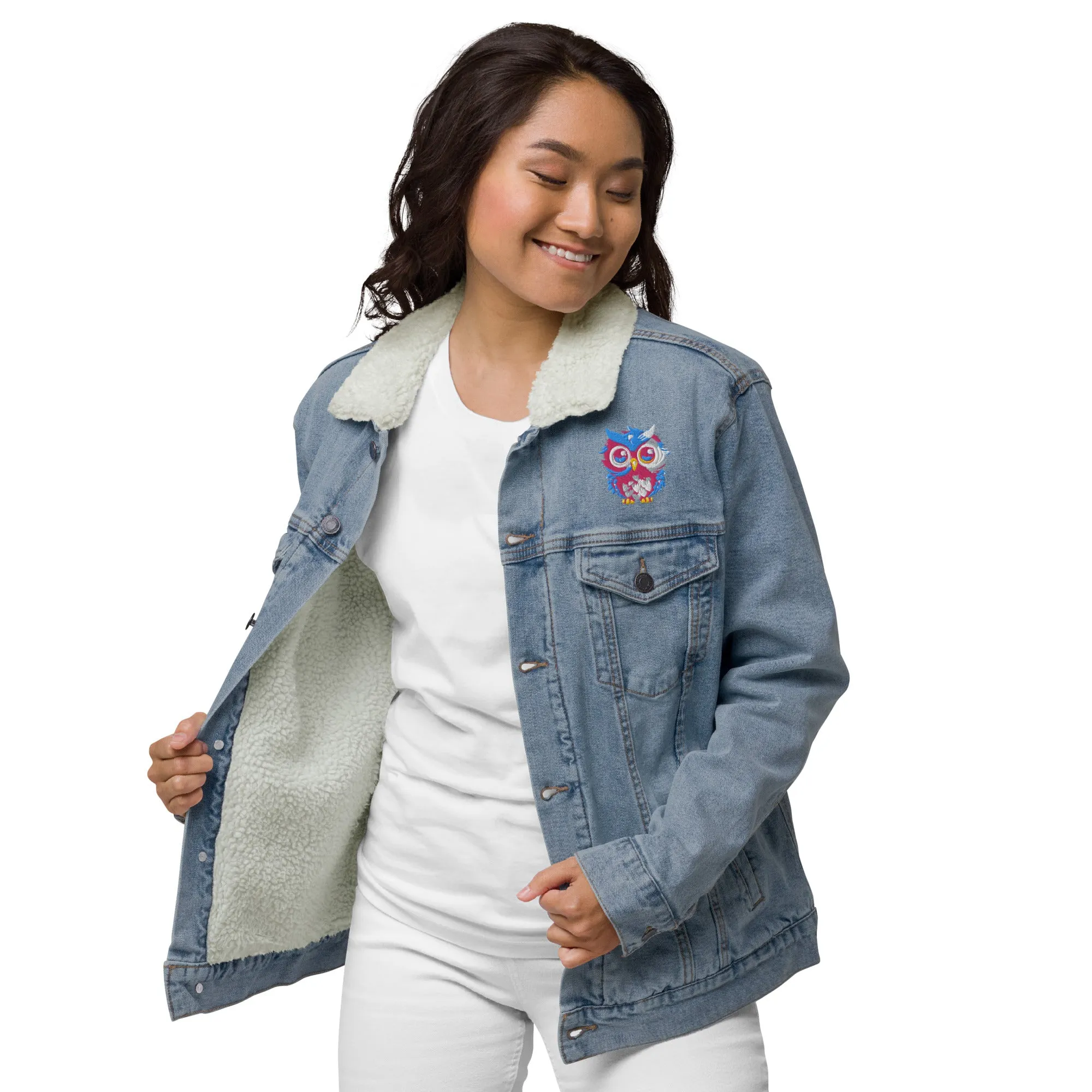 Embroidered Owl Sherpa Denim Jacket
