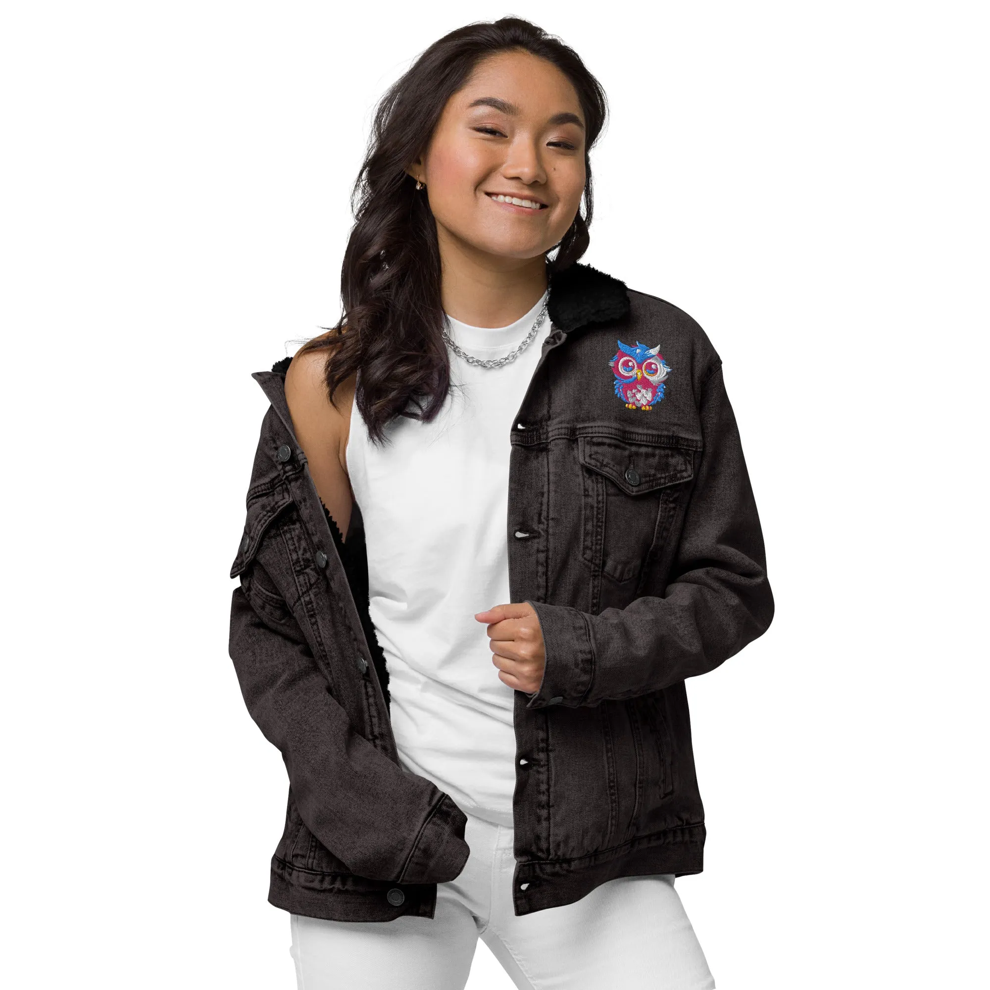 Embroidered Owl Sherpa Denim Jacket