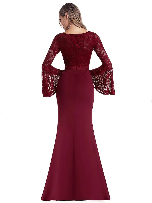 Evening Gown Minimalist Dress Wedding Guest Floor Length Long Sleeve Jewel Neck Chiffon with Appliques