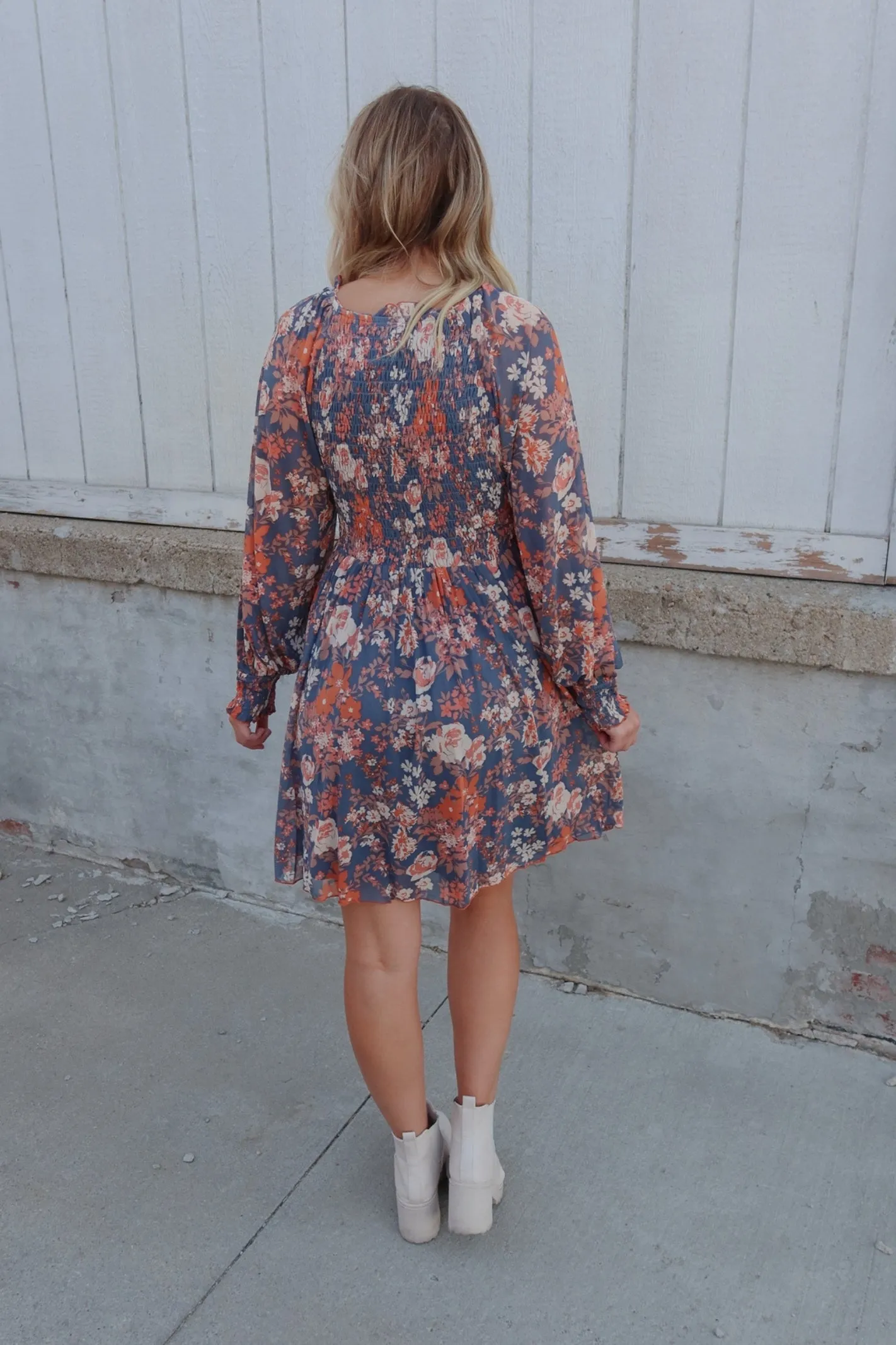 Falling Petals Floral Print Mesh Smocked Long Sleeve Dress
