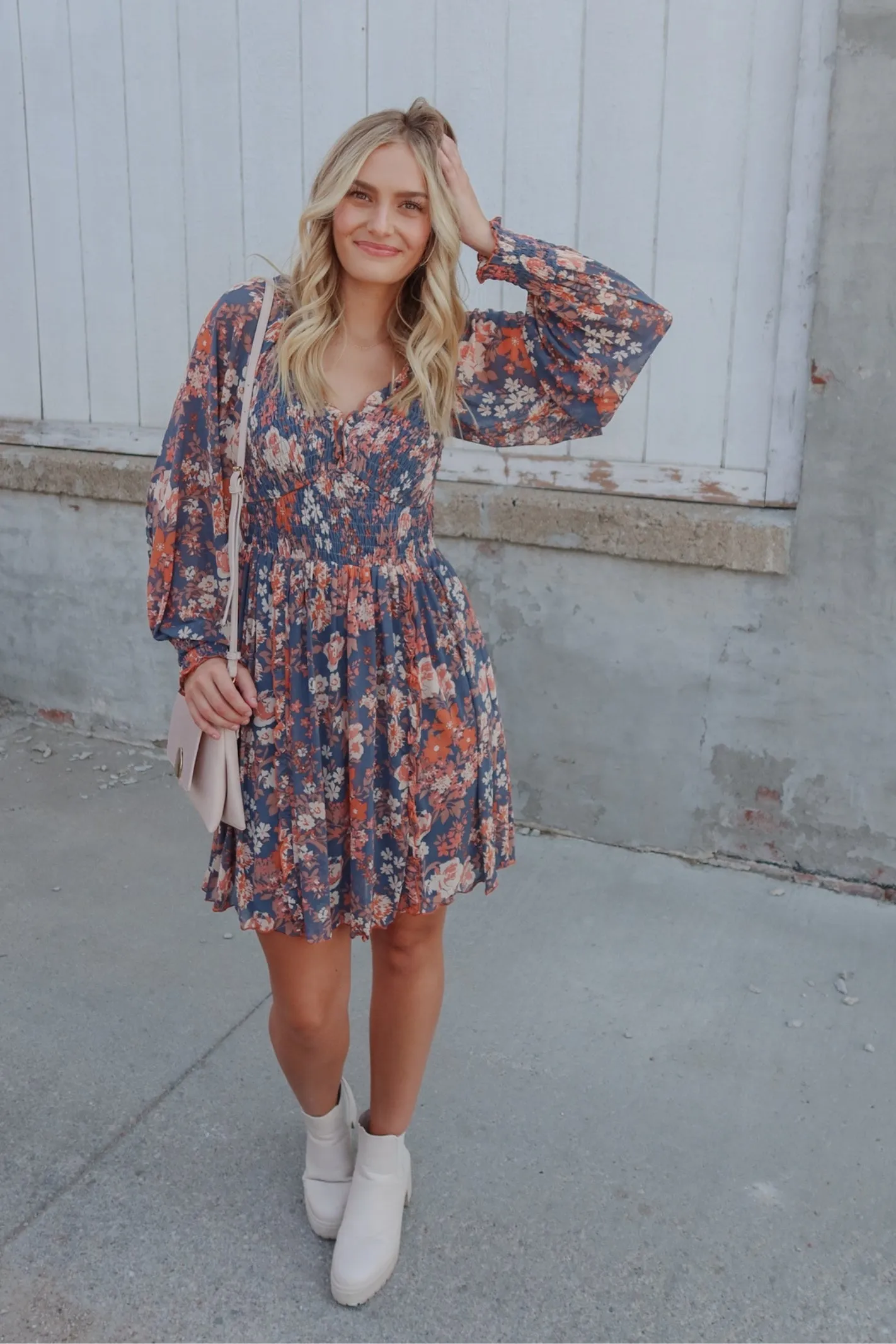 Falling Petals Floral Print Mesh Smocked Long Sleeve Dress