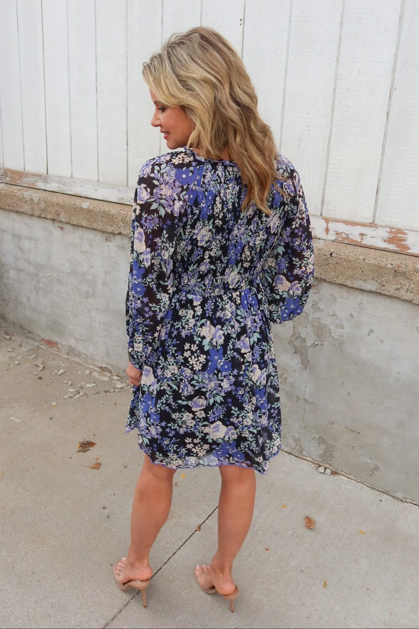 Falling Petals Floral Print Mesh Smocked Long Sleeve Dress