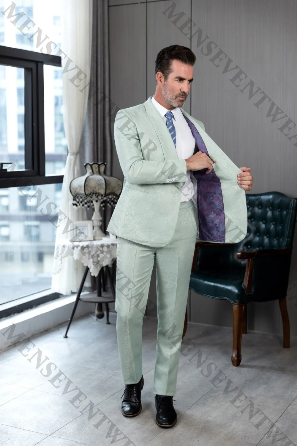 Fashion 2 Pieces Mens Patterned Suit Flat Shawl Lapel Tuxedos（Blazer Pants）