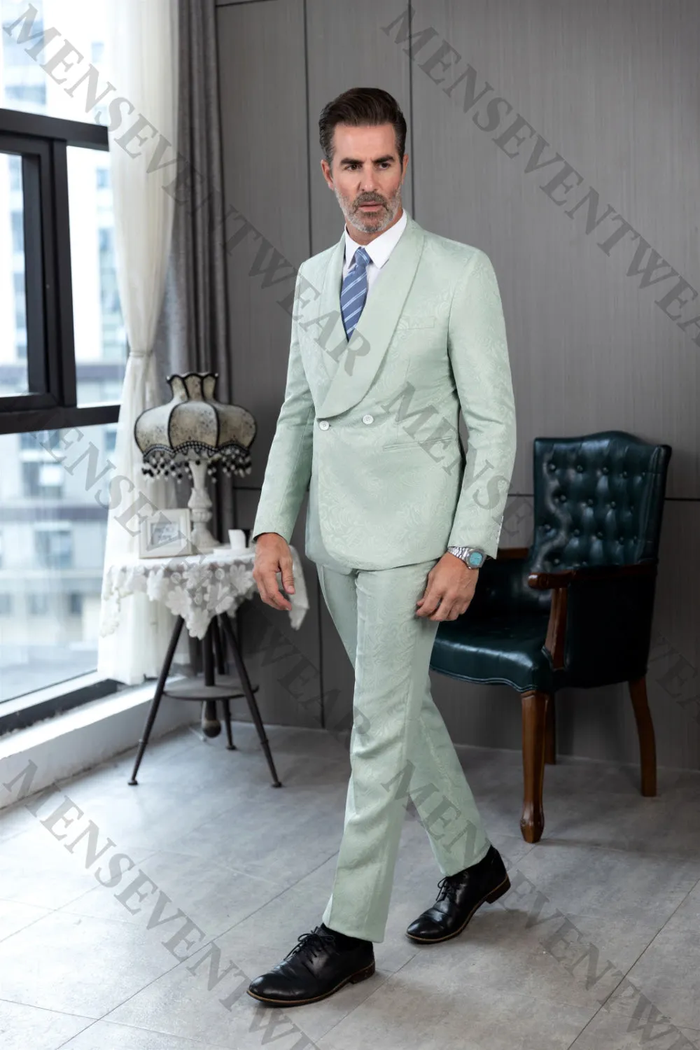 Fashion 2 Pieces Mens Patterned Suit Flat Shawl Lapel Tuxedos（Blazer Pants）
