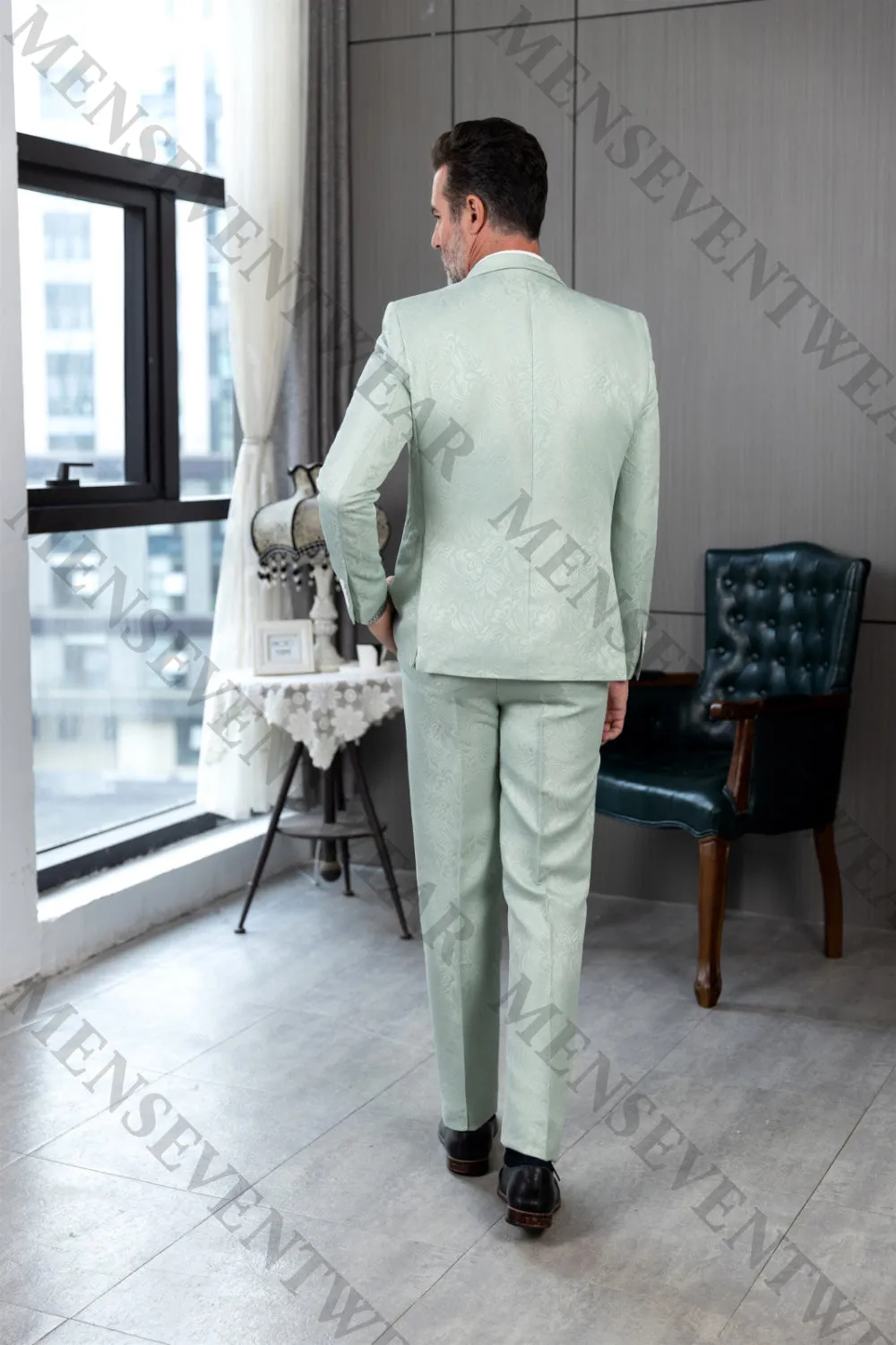 Fashion 2 Pieces Mens Patterned Suit Flat Shawl Lapel Tuxedos（Blazer Pants）