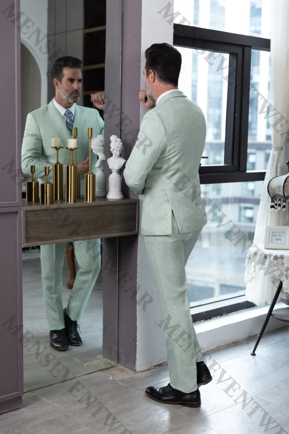 Fashion 2 Pieces Mens Patterned Suit Flat Shawl Lapel Tuxedos（Blazer Pants）