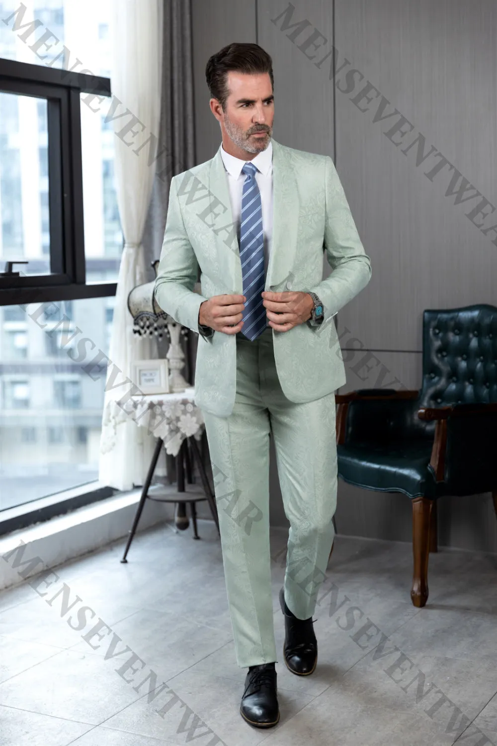 Fashion 2 Pieces Mens Patterned Suit Flat Shawl Lapel Tuxedos（Blazer Pants）