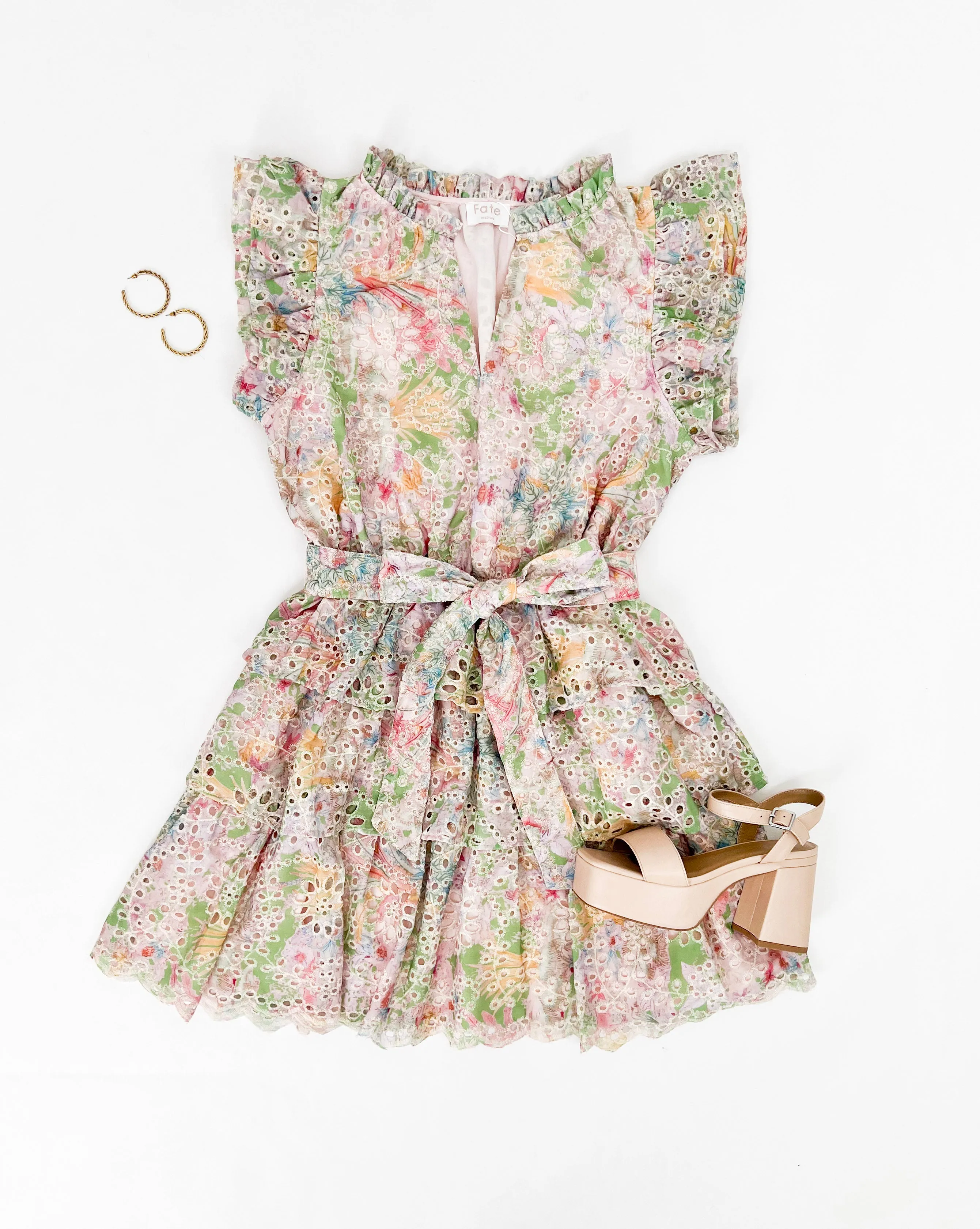 FLORAL DREAMS EYELET RUFFLE MINI DRESS