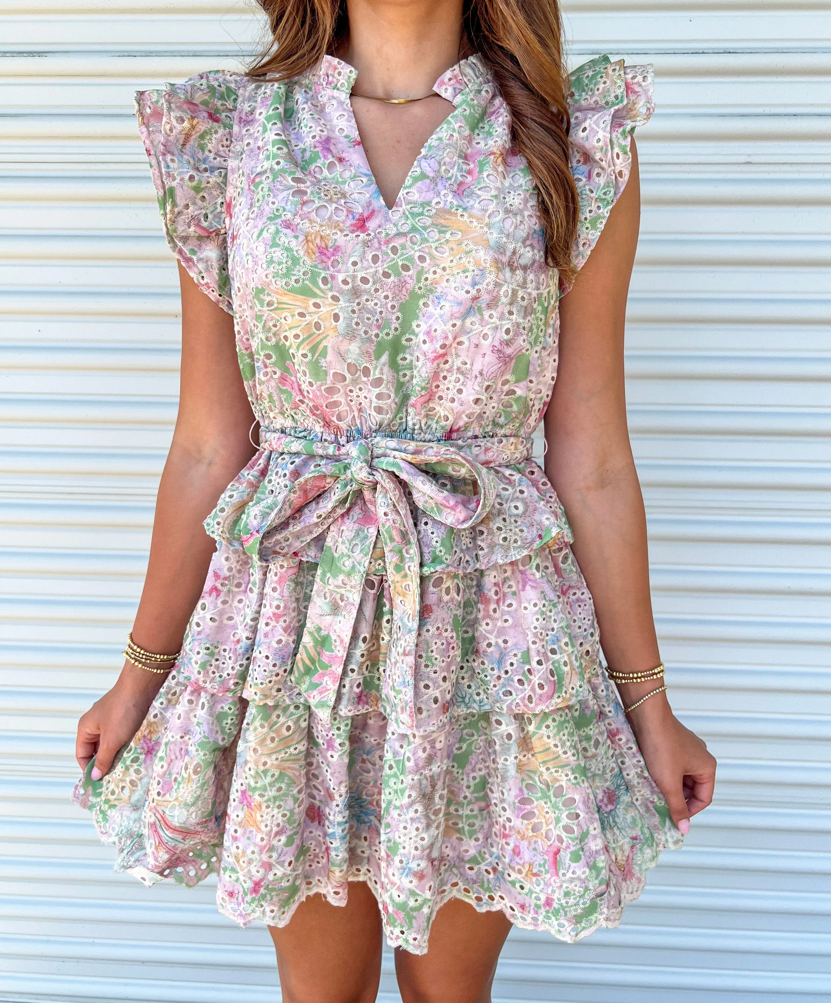 FLORAL DREAMS EYELET RUFFLE MINI DRESS