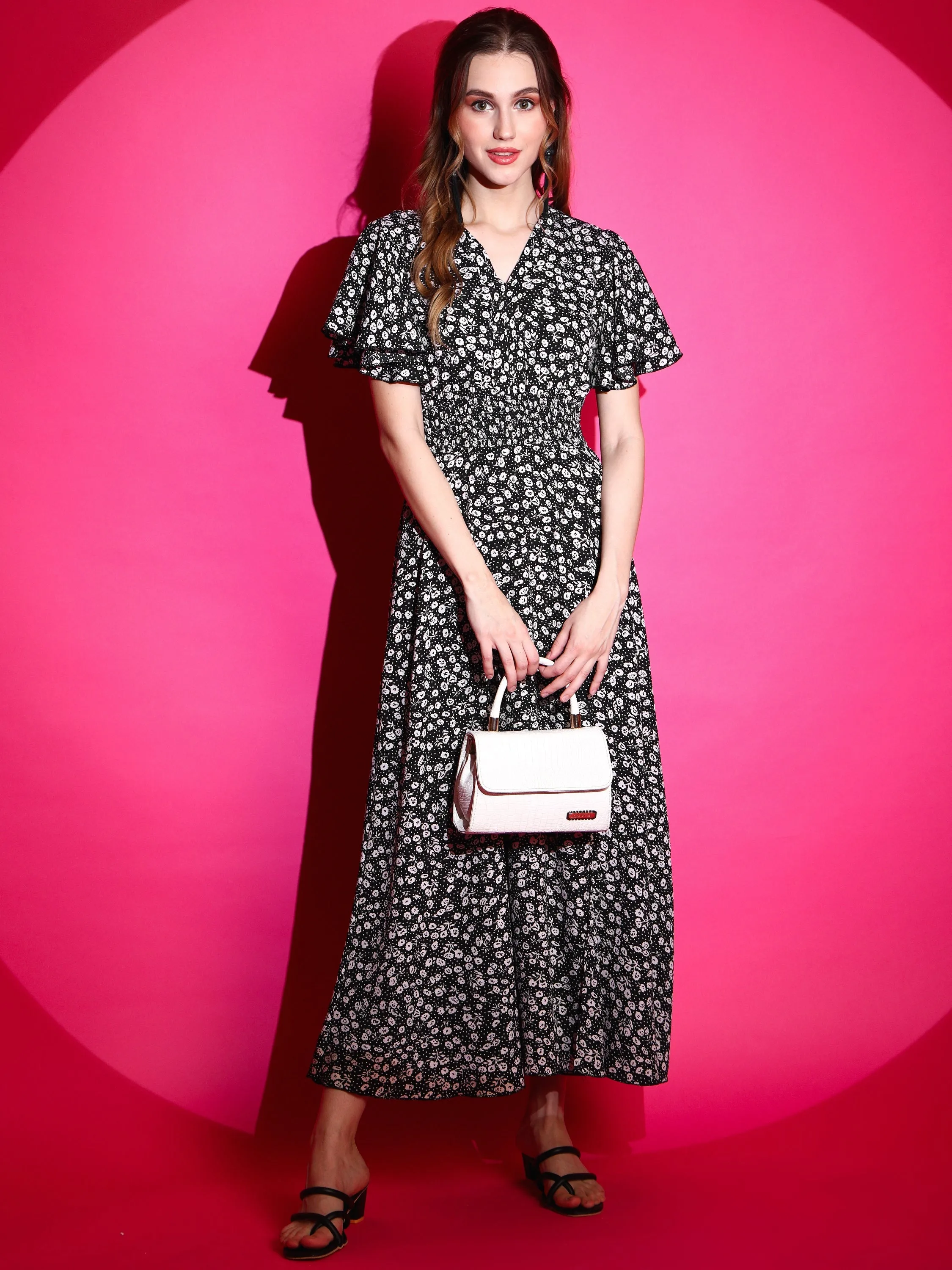 floral Printed Half Sleeve V-Neck Maxi Dress