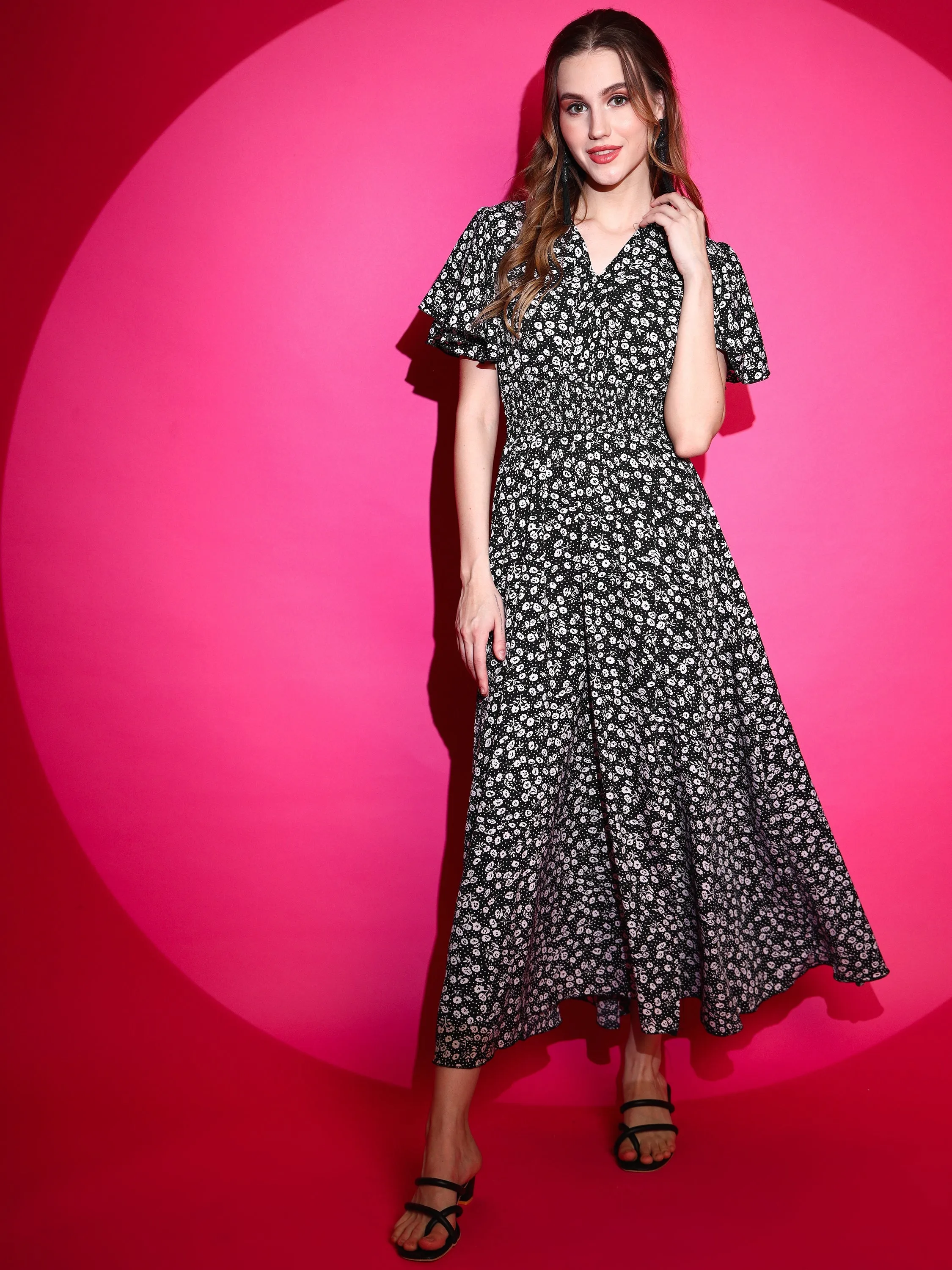 floral Printed Half Sleeve V-Neck Maxi Dress