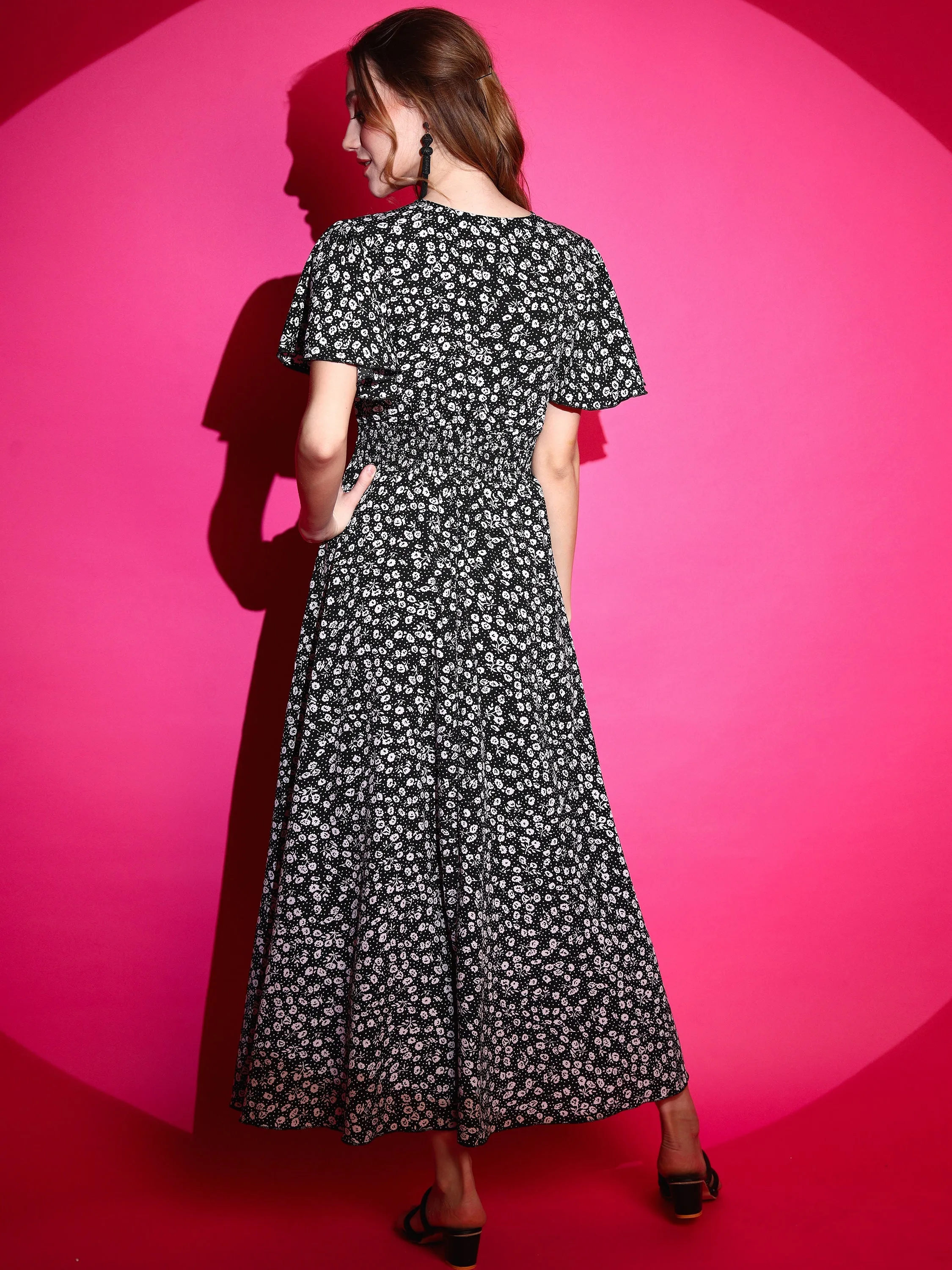 floral Printed Half Sleeve V-Neck Maxi Dress