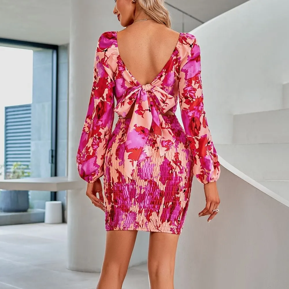 Floral Square Neck Smocked Mini Dress