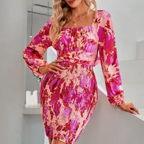 Floral Square Neck Smocked Mini Dress