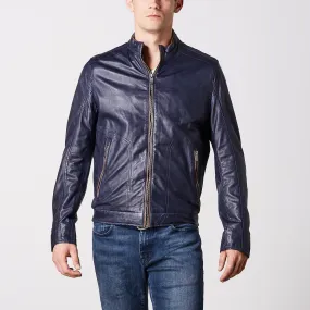 Gavin Leather Bomber Jacket - Navy