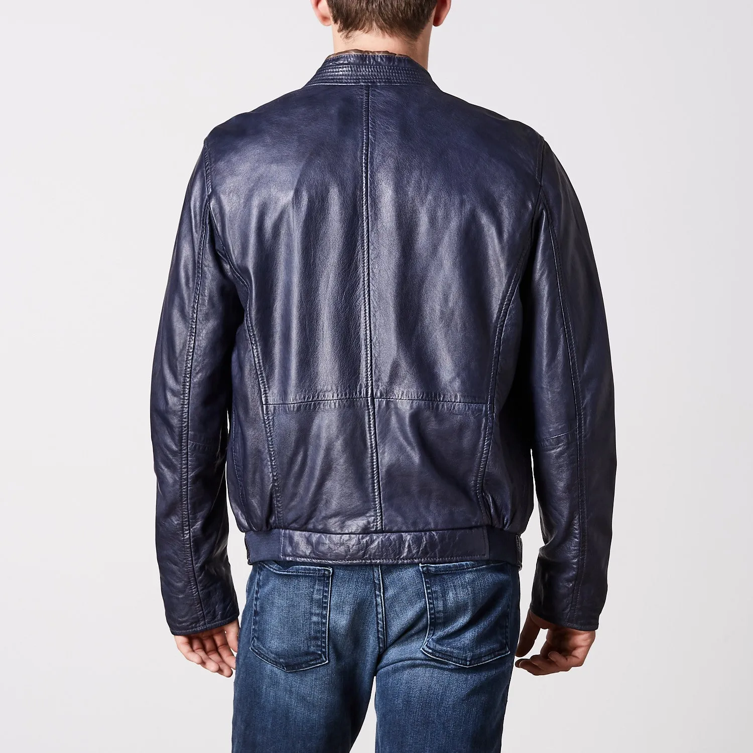 Gavin Leather Bomber Jacket - Navy