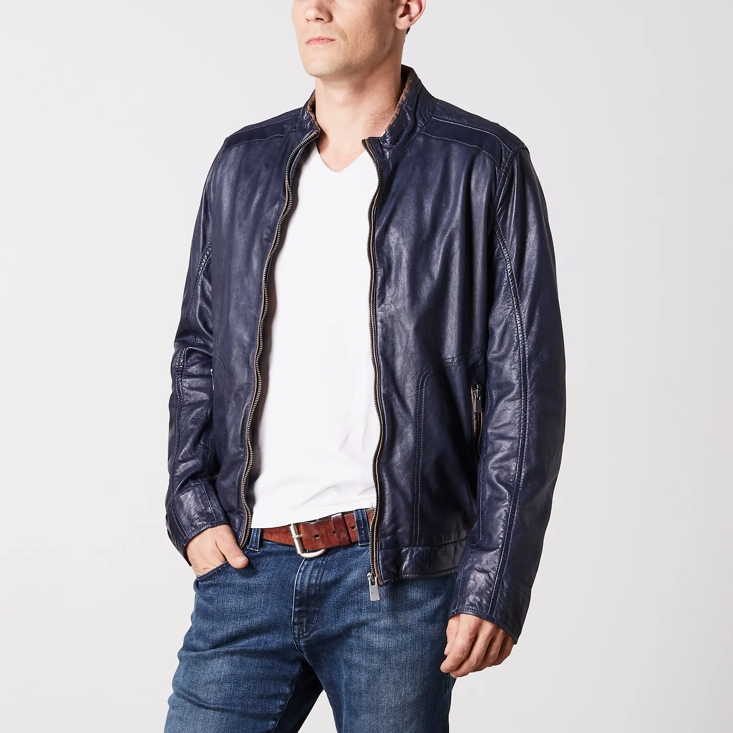 Gavin Leather Bomber Jacket - Navy