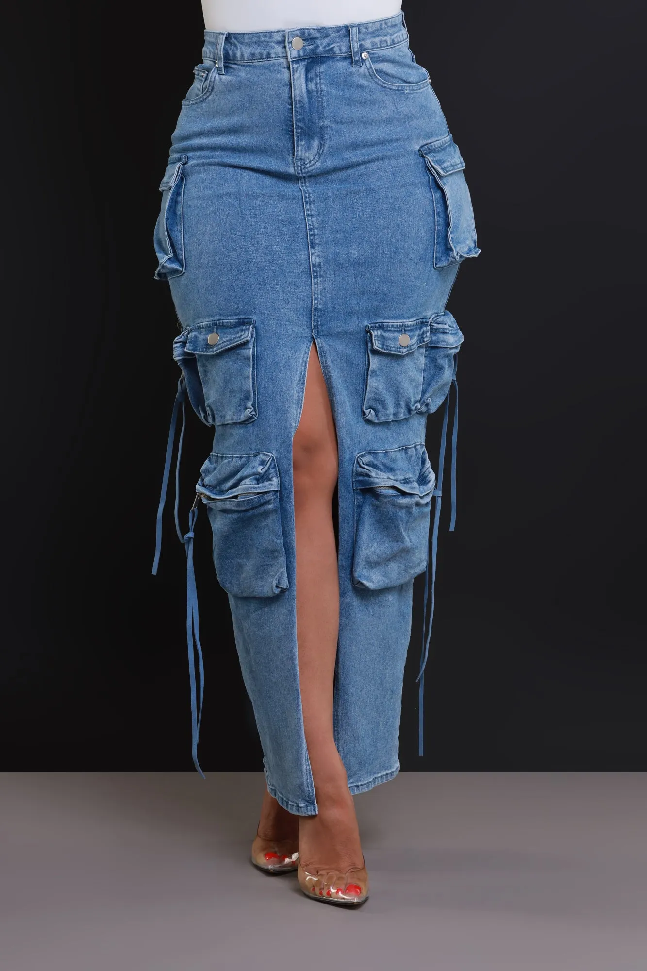 Get Down Denim Cargo Maxi Skirt - Medium Wash