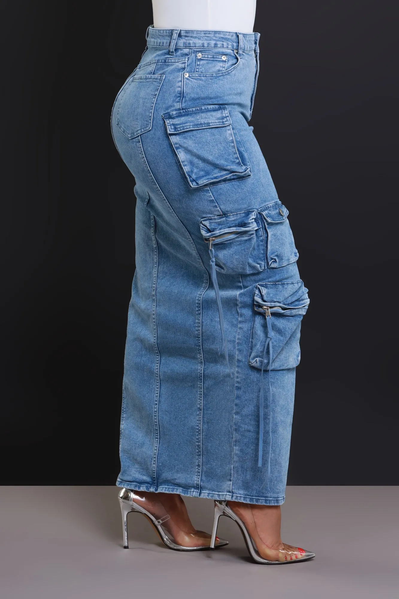 Get Down Denim Cargo Maxi Skirt - Medium Wash