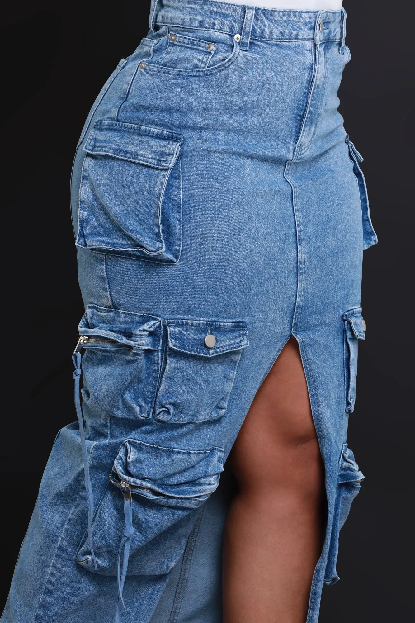 Get Down Denim Cargo Maxi Skirt - Medium Wash