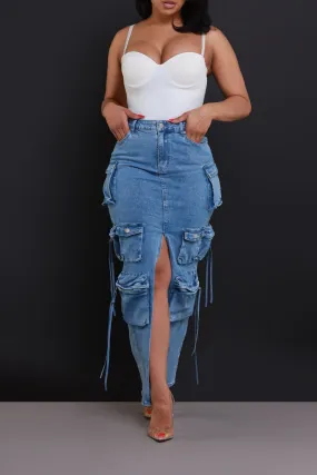 Get Down Denim Cargo Maxi Skirt - Medium Wash