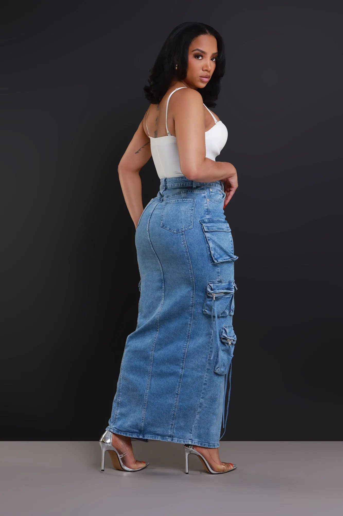 Get Down Denim Cargo Maxi Skirt - Medium Wash