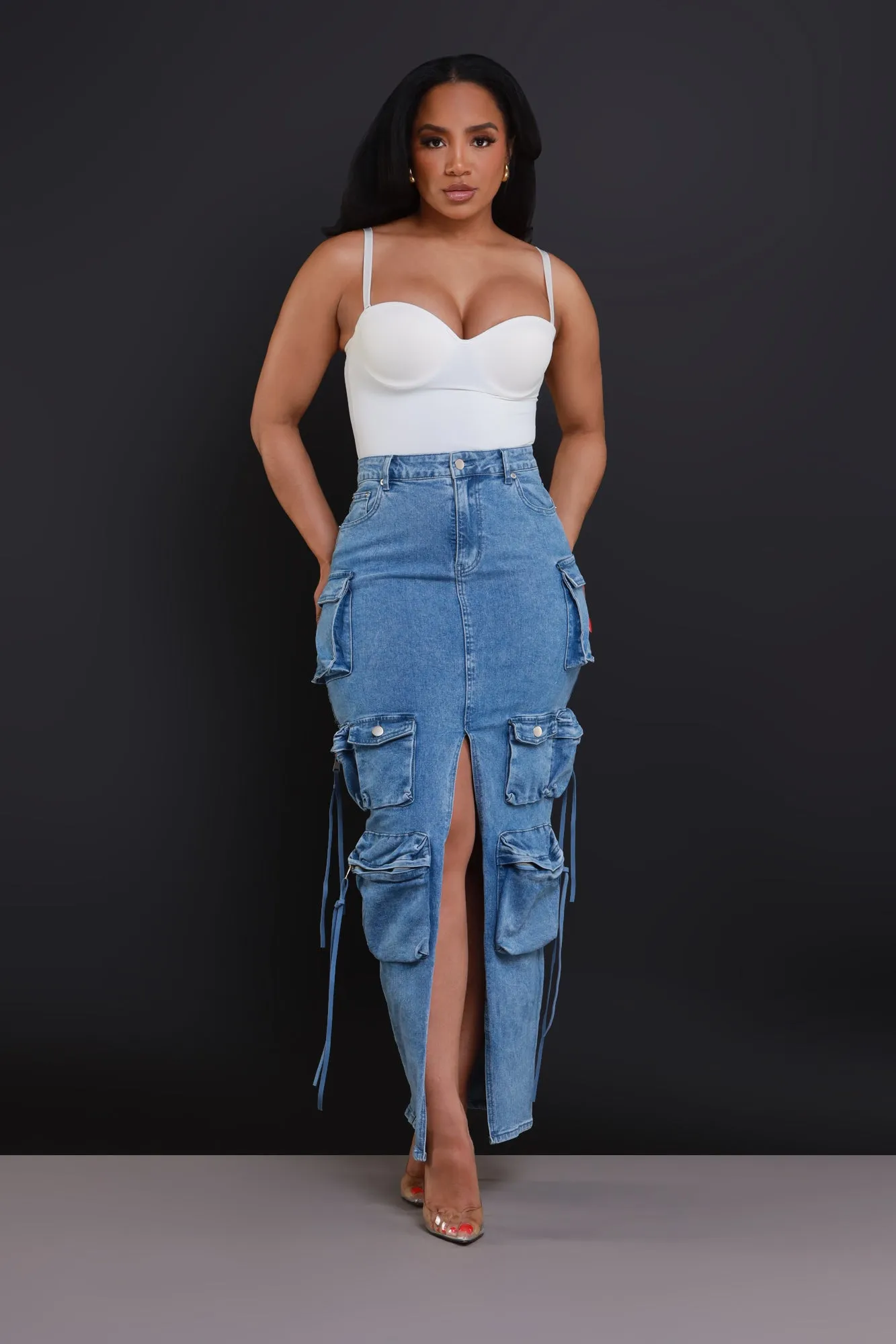 Get Down Denim Cargo Maxi Skirt - Medium Wash