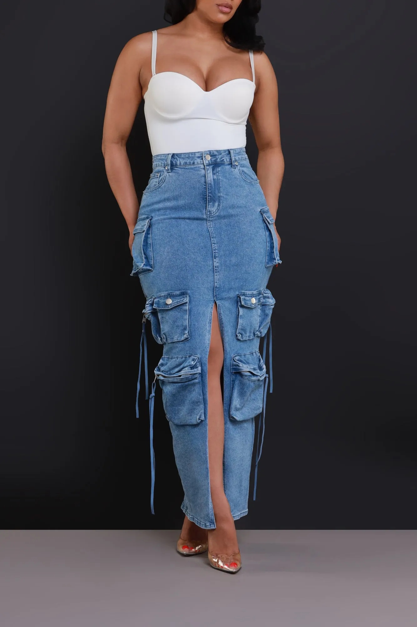 Get Down Denim Cargo Maxi Skirt - Medium Wash