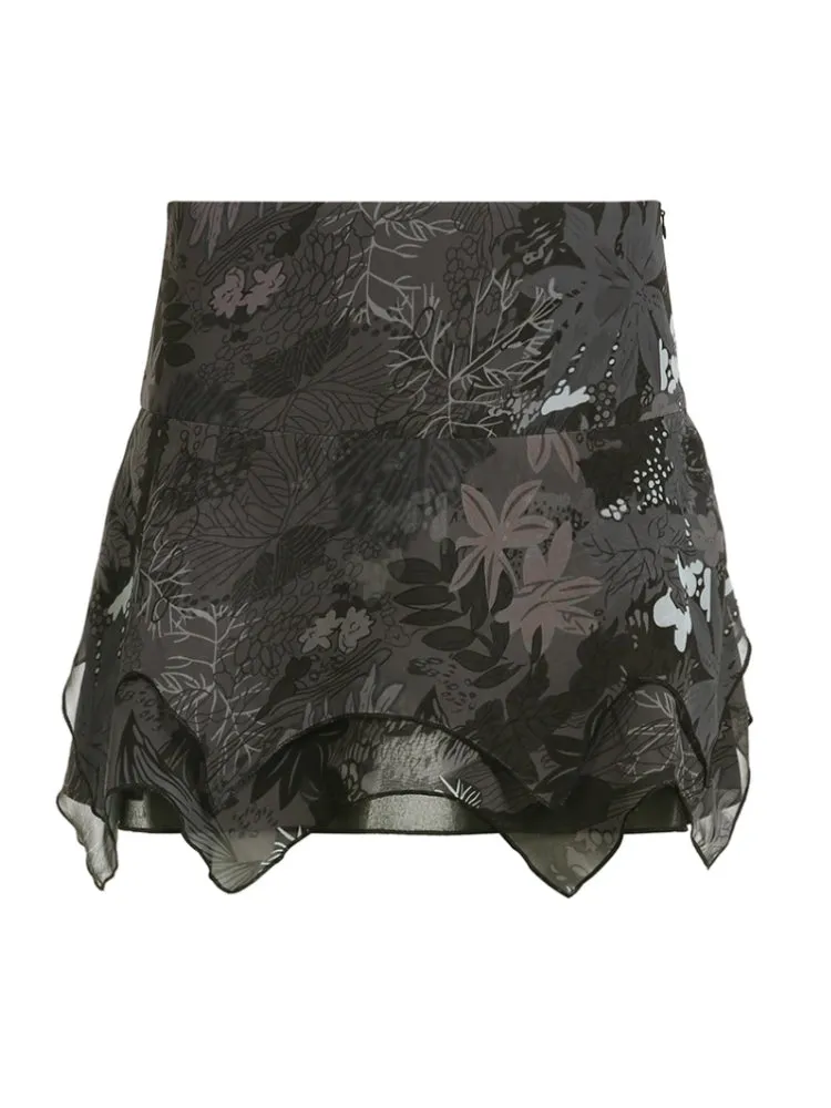 Gothic Grey Printed  Irregular Mini Skirt