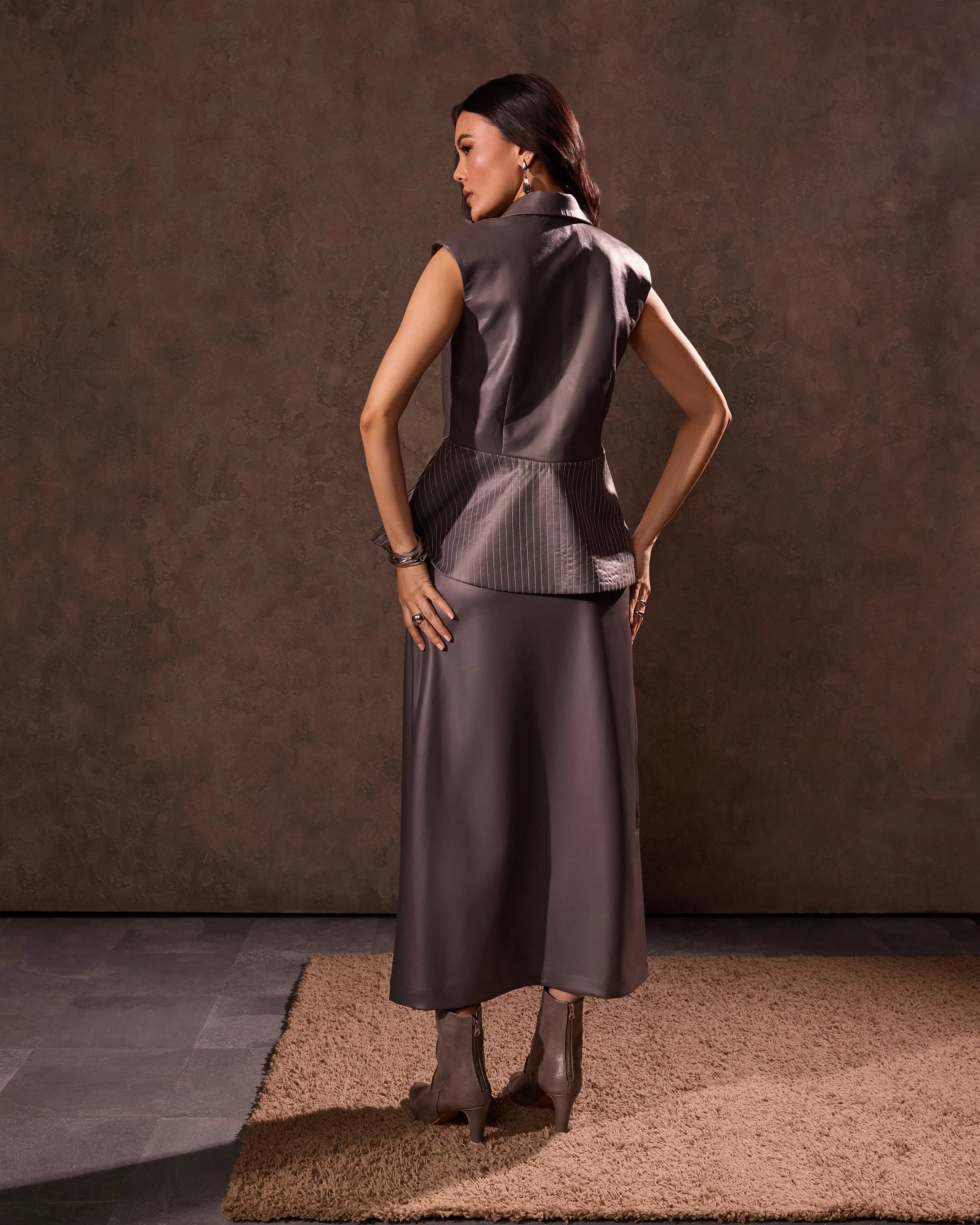 Grey Faux Leather Lapel Jacket & Long Drape Skirt