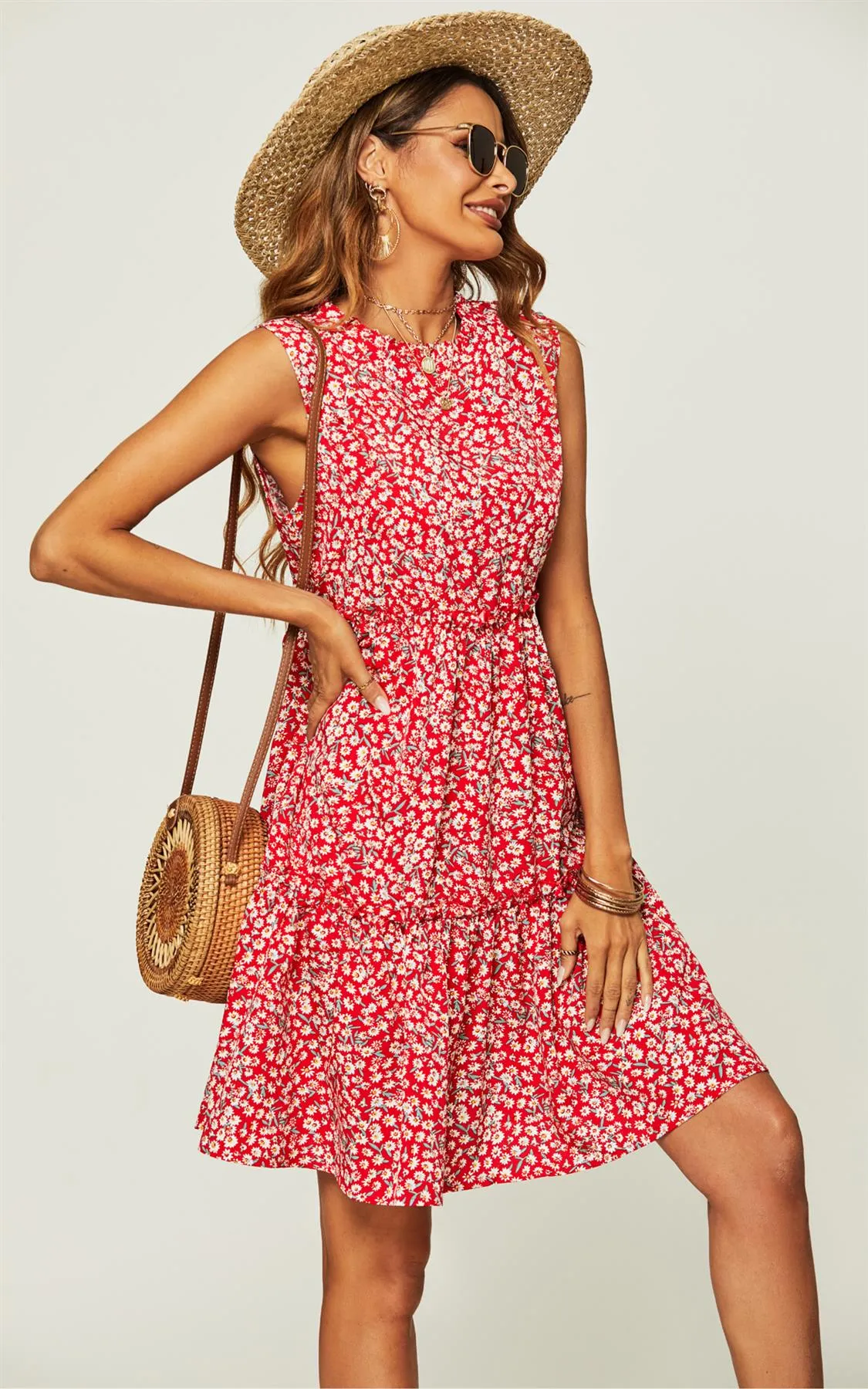 Hem Frill Detail Tiered Mini Dress In Red Flora Print