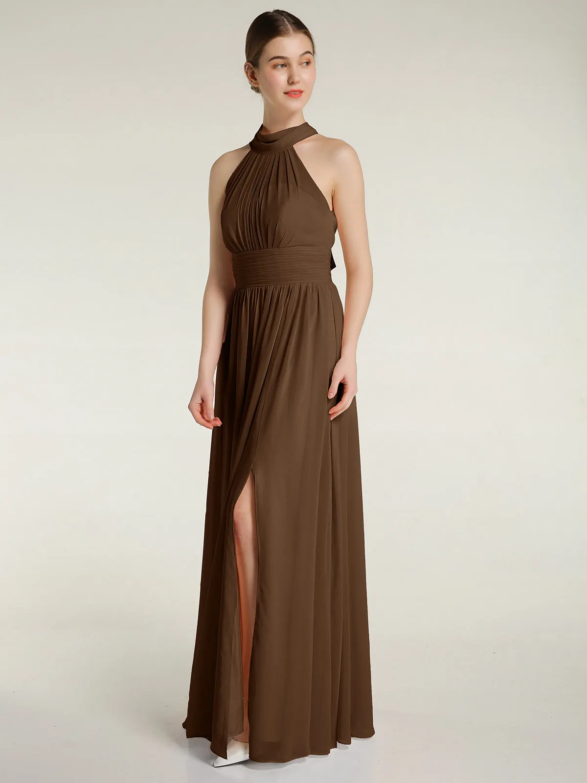 High Neck Full Length Dresses with Slit Brown Plus Size