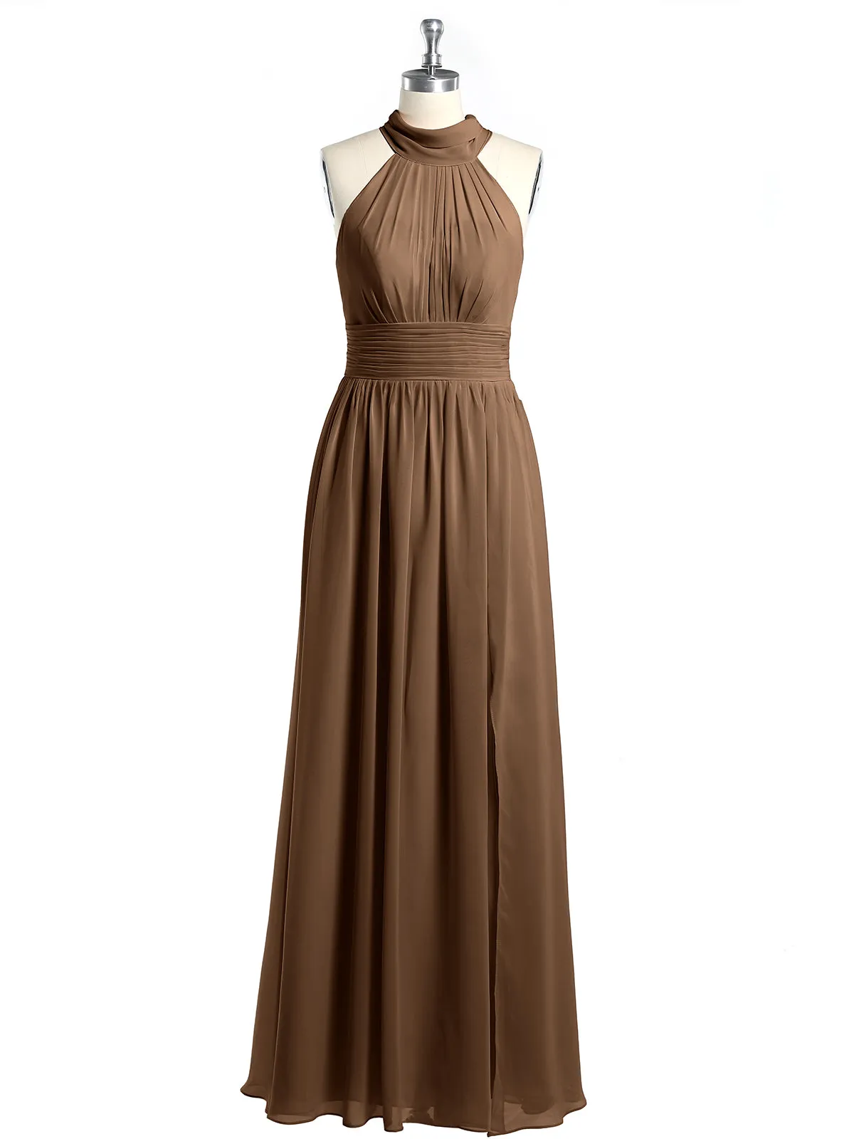 High Neck Full Length Dresses with Slit Brown Plus Size