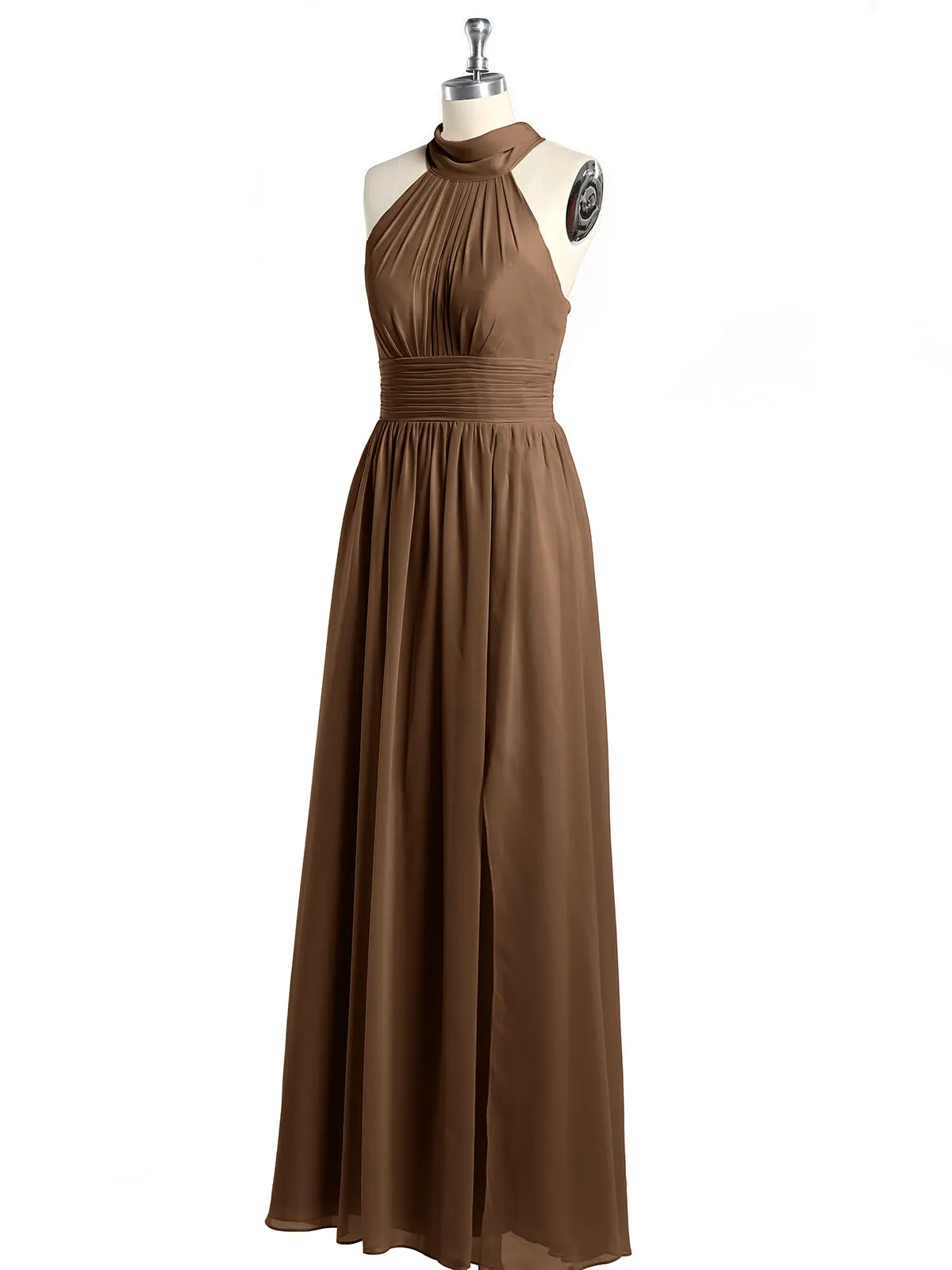High Neck Full Length Dresses with Slit Brown Plus Size