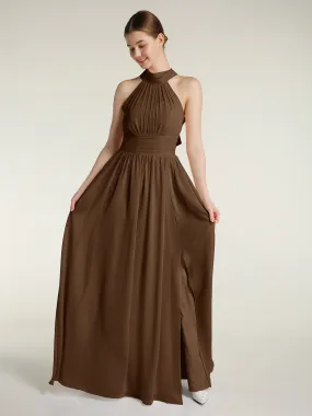 High Neck Full Length Dresses with Slit Brown Plus Size