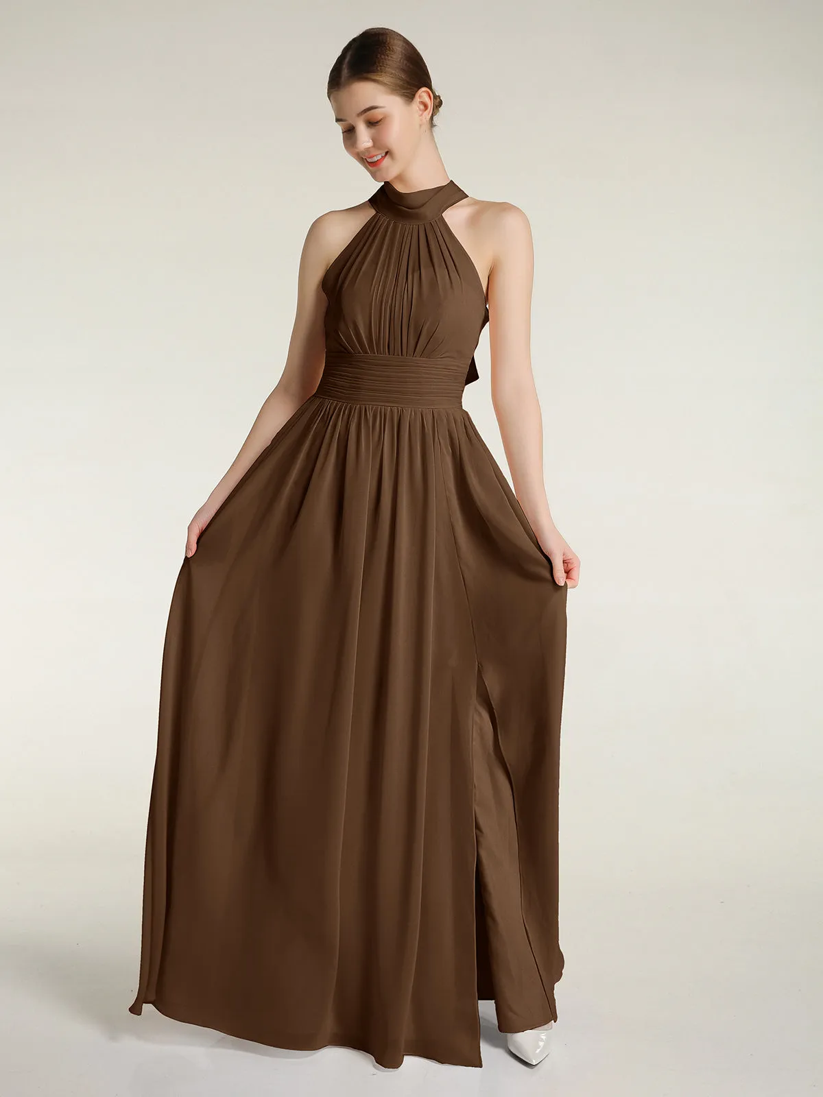 High Neck Full Length Dresses with Slit Brown Plus Size