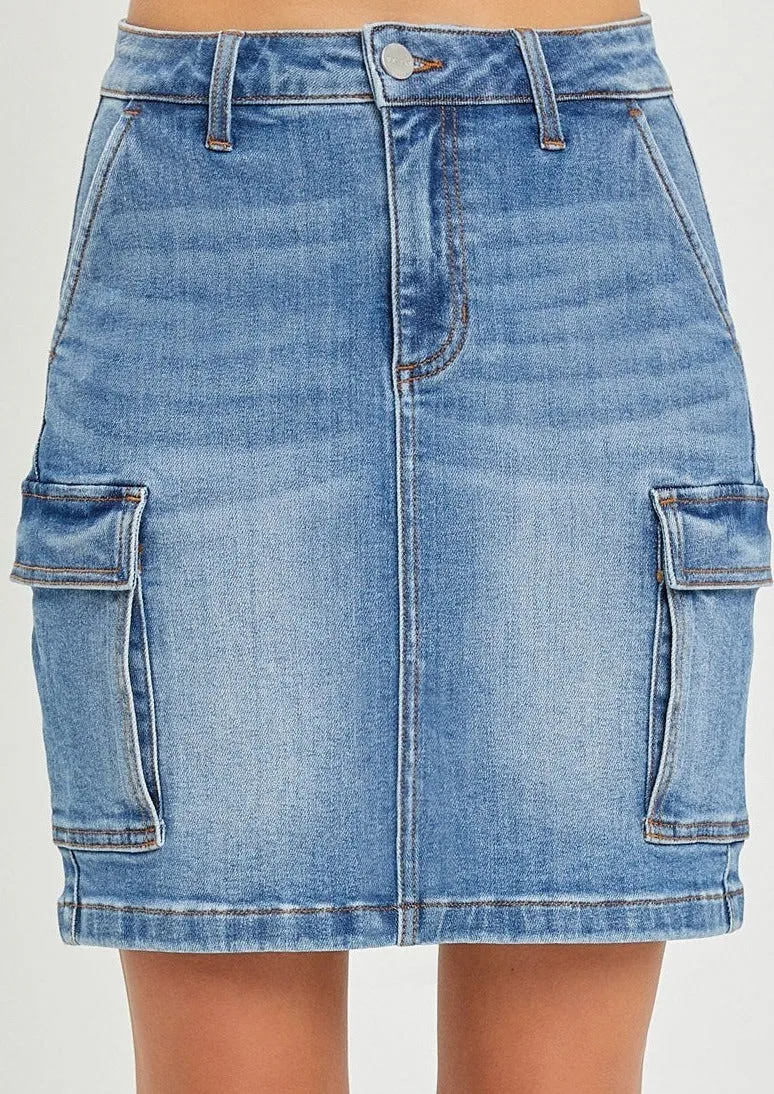 hirise denim cargo skirt