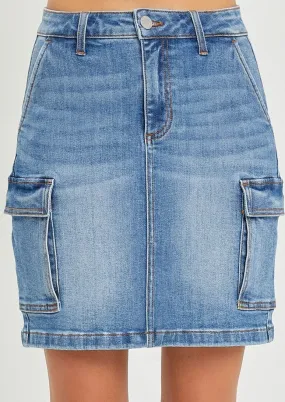 hirise denim cargo skirt