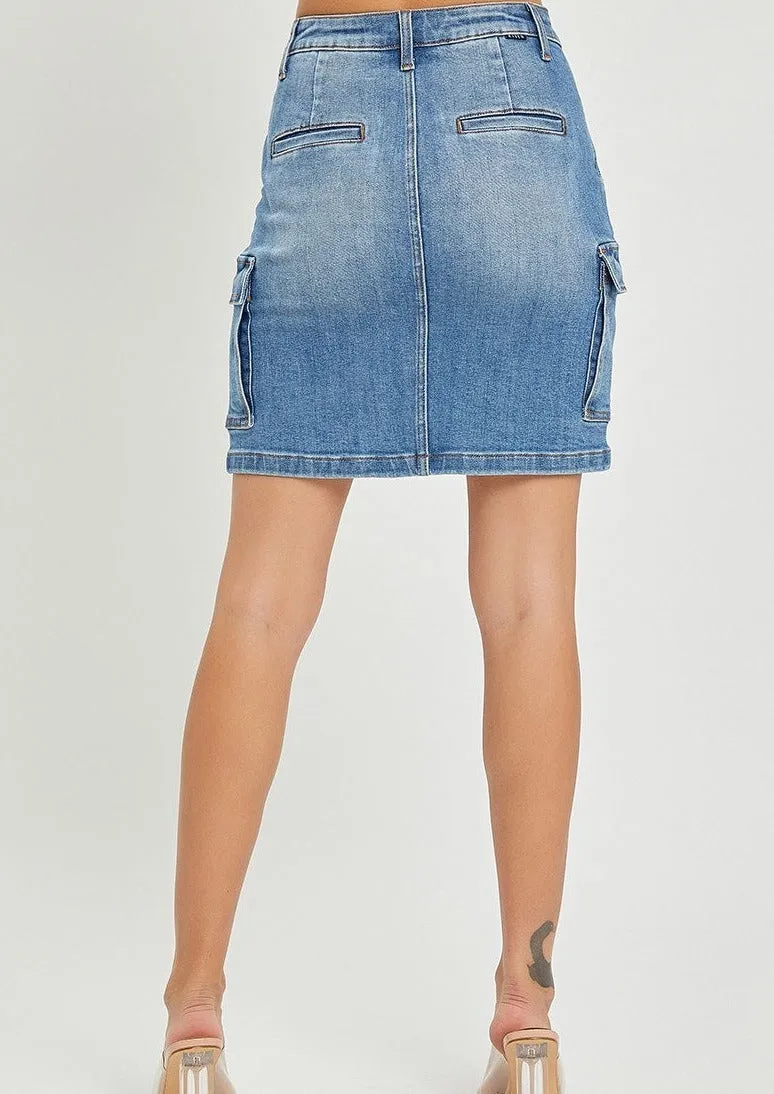 hirise denim cargo skirt