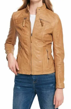 Illios Sheepskin Brown Leather Biker Jacket for Women