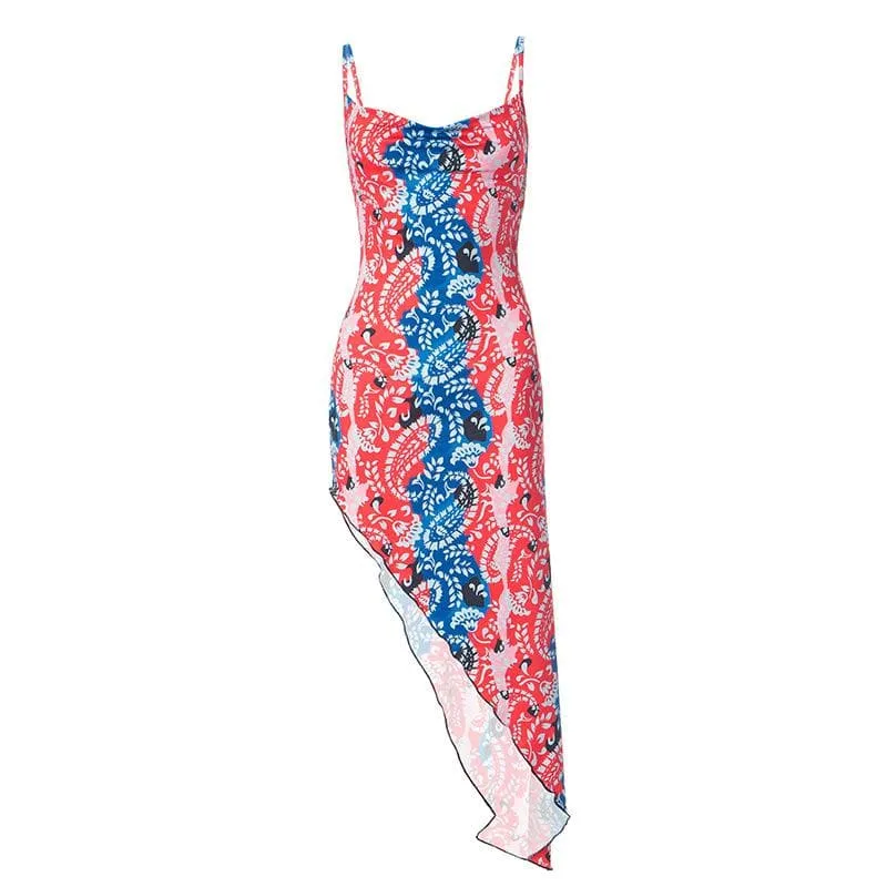 Irregular v neck backless contrast print cowl neck cami midi dress  | red tango dress