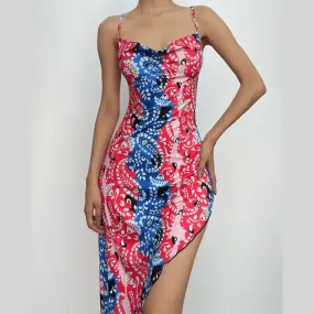 Irregular v neck backless contrast print cowl neck cami midi dress  | red tango dress