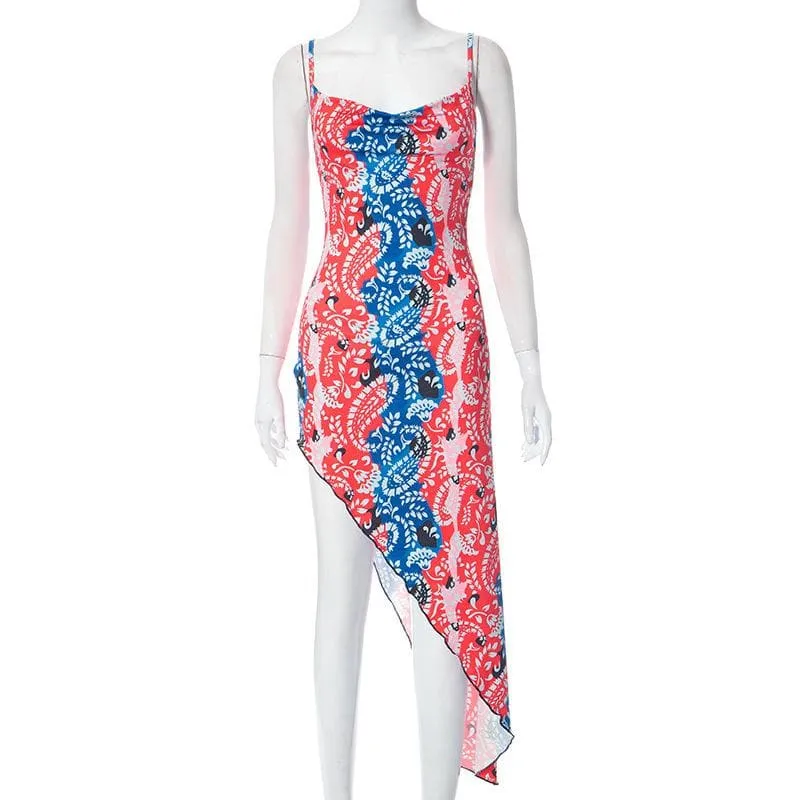 Irregular v neck backless contrast print cowl neck cami midi dress  | red tango dress