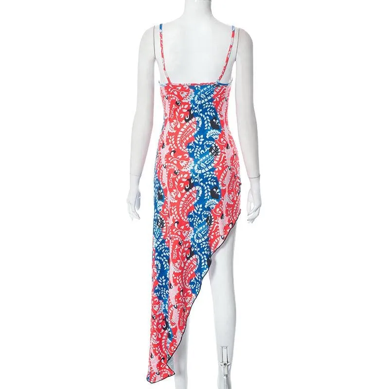 Irregular v neck backless contrast print cowl neck cami midi dress  | red tango dress