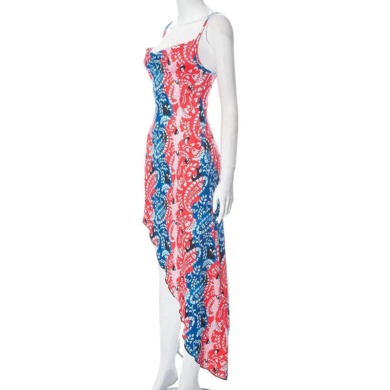 Irregular v neck backless contrast print cowl neck cami midi dress  | red tango dress
