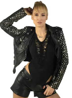 Kishi Women Leather Biker Jacket with Multi Studs at sleeves