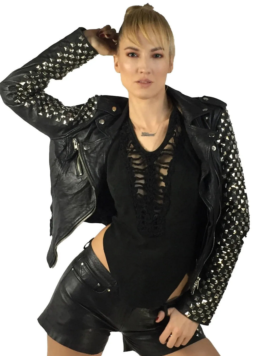 Kishi Women Leather Biker Jacket with Multi Studs at sleeves