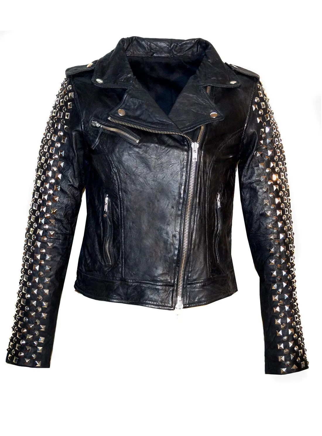 Kishi Women Leather Biker Jacket with Multi Studs at sleeves