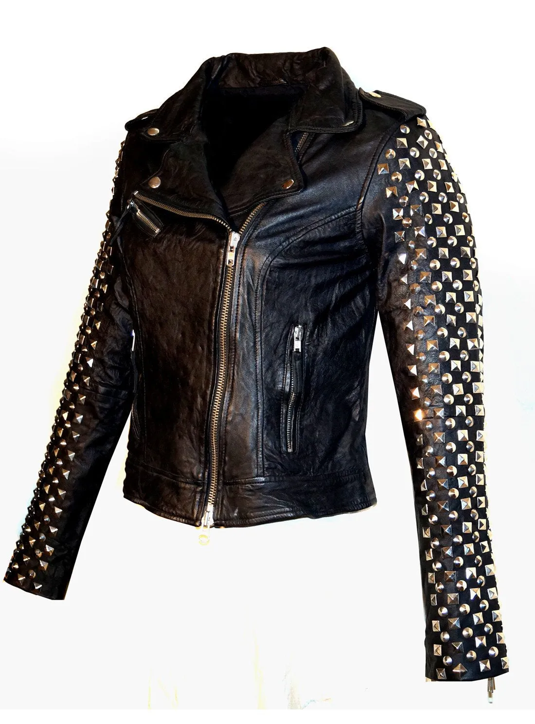 Kishi Women Leather Biker Jacket with Multi Studs at sleeves